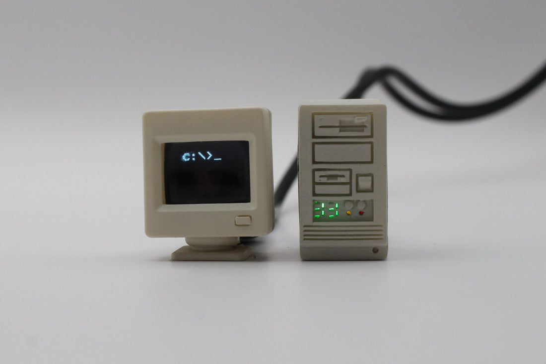 RetroPrompt and RetroTower miniature electronic desk decorations with illuminated displays