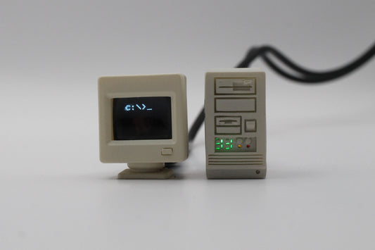RetroPrompt and RetroTower miniature electronic desk decorations with illuminated displays