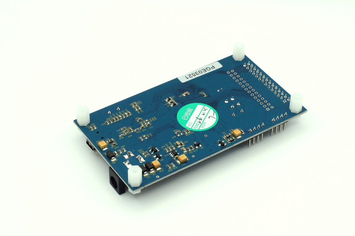 Underside of the PADAUK 5S-I-S02B emulator board showing solder connections and mounting spacers