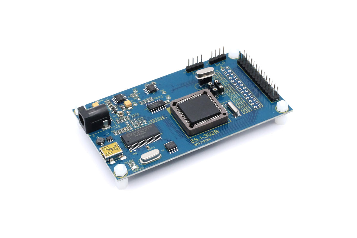 Angled front view of the PADAUK 5S-I-S02B emulator board showing its socket, headers, USB port and power jack