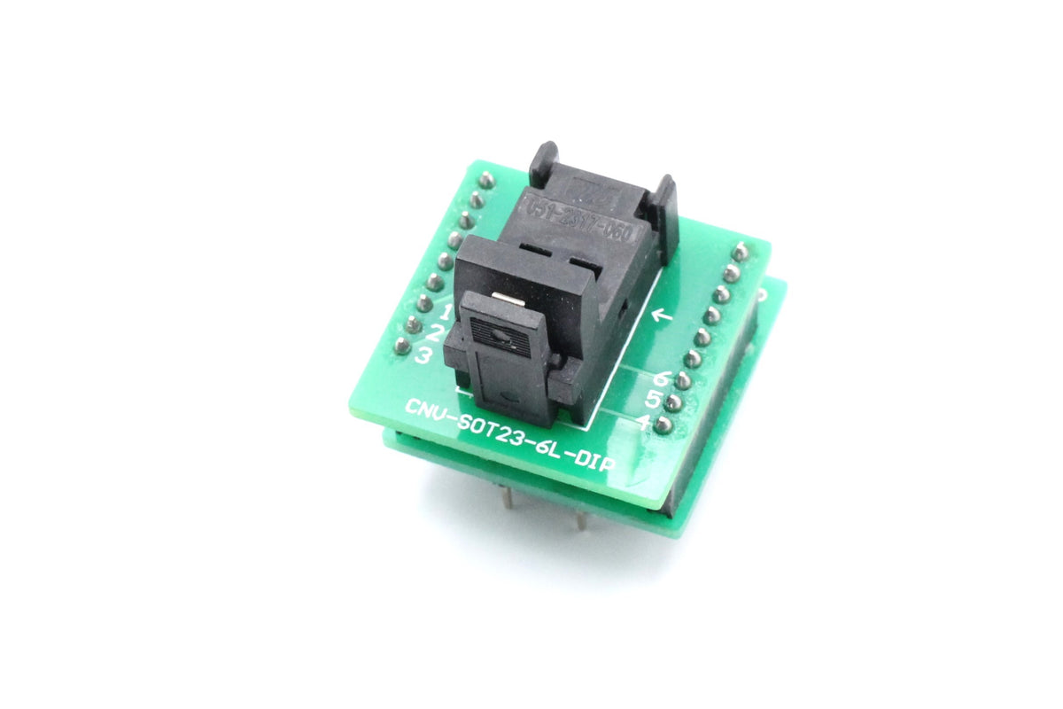 SOT23-6 to DIP programming socket adapter with its hinged lid closed
