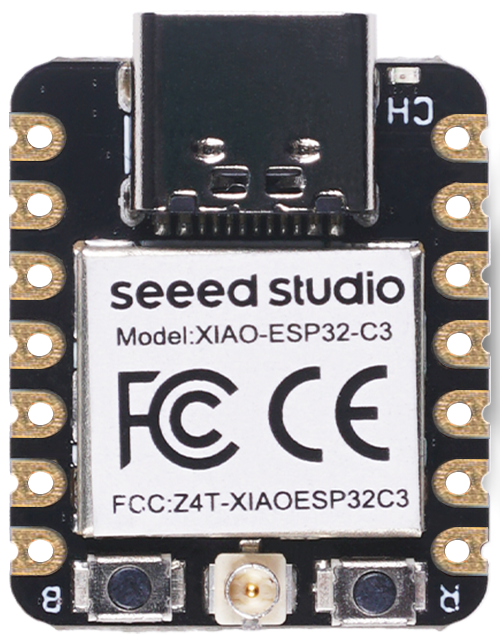 Top view of Seeed Studio XIAO ESP32-C3 with USB-C connector, external antenna socket and unsoldered edge header holes.